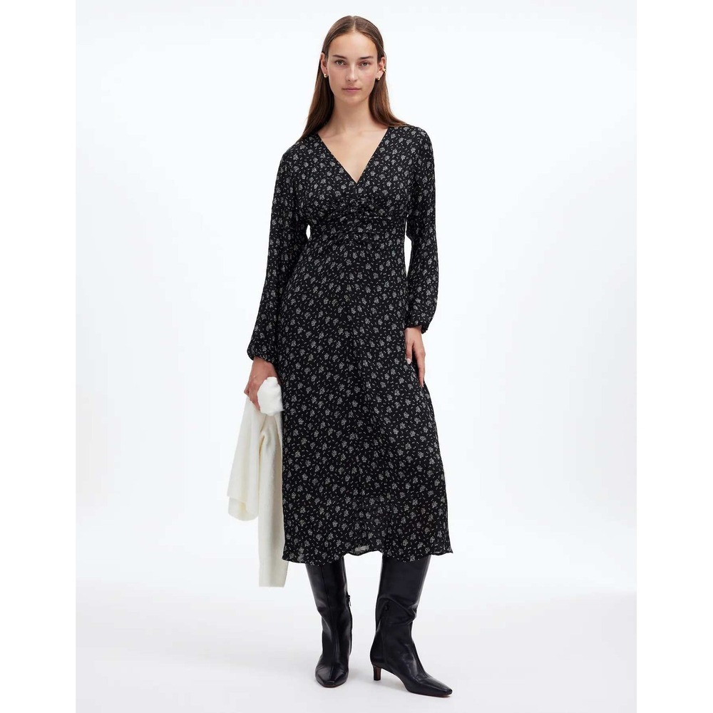 Madewell Ruched Midi Dress Womens 14 Black Floral NWOT Long Sleeve Cottagecore